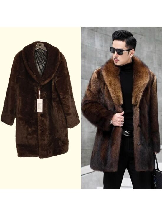 Amazon Other - Amazon Mens Long Trench Coat Brown Medium Faux Fur Wide Collar